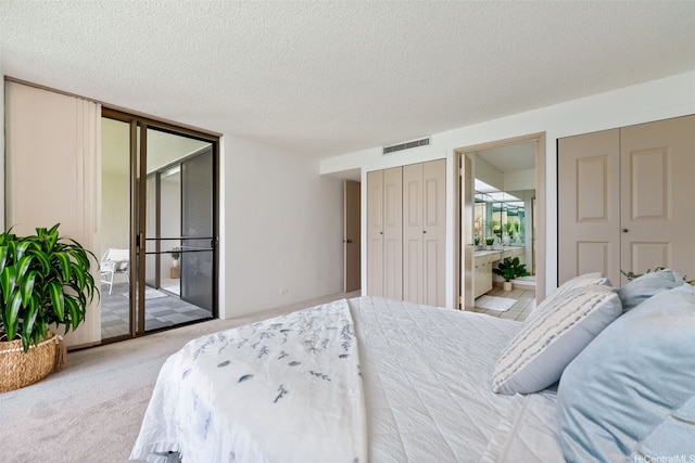 500 Lunalilo Home Rd Unit 25B, Honolulu, HI 96825 - carpeted bedroom with visible vents, two closets, access to exterior, ensuite bathroom, and a textured ceiling