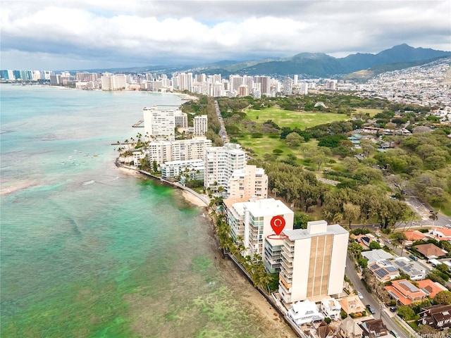 bird's eye view with a water and mountain view and a view of city