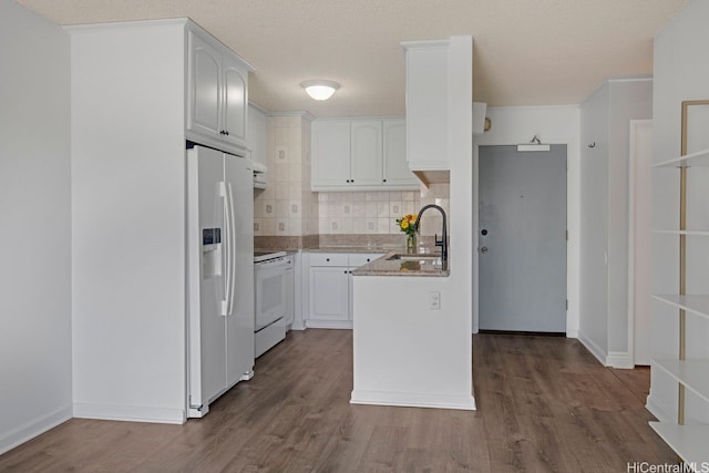 3161 Ala Ilima St Unit 811, Honolulu, HI 96818 - kitchen with a sink, white appliances, dark wood-style floors, tasteful backsplash, and a textured ceiling