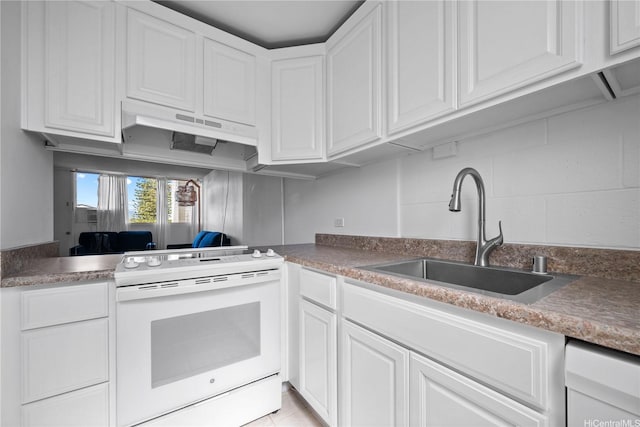 46-270 Kahuhipa St Unit A419, Kaneohe, HI 96744 - kitchen featuring white range with electric cooktop, a sink, under cabinet range hood, white cabinets, and dishwasher