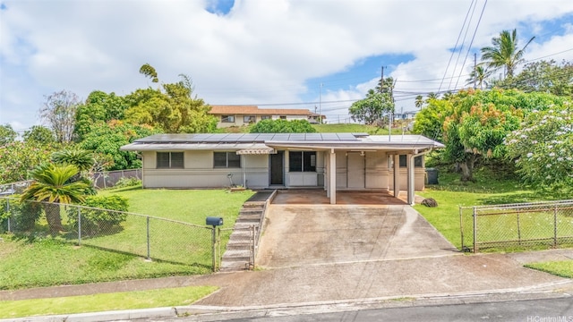99-588 Auhau Pl, Aiea, HI 96701 - view of front of property featuring concrete driveway, solar panels, stucco siding, and a carport