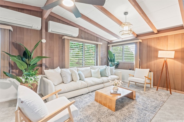 99-588 Auhau Pl, Aiea, HI 96701 - carpeted living room with an AC wall unit, wooden walls, healthy amount of natural light, and ceiling fan