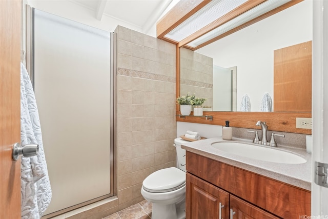 99-588 Auhau Pl, Aiea, HI 96701 - bathroom with a stall shower, toilet, vanity, tile walls, and tile patterned floors