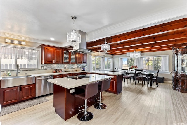 kitchen featuring a sink, a kitchen island, dishwasher, black electric cooktop, and a peninsula