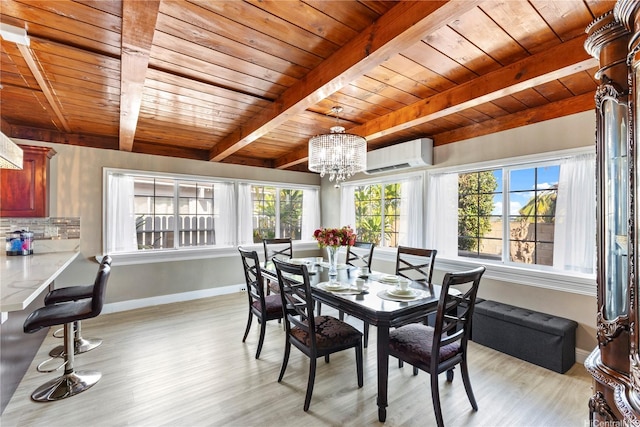 dining space featuring light wood-style flooring, wooden ceiling, beam ceiling, baseboards, and a wall mounted AC