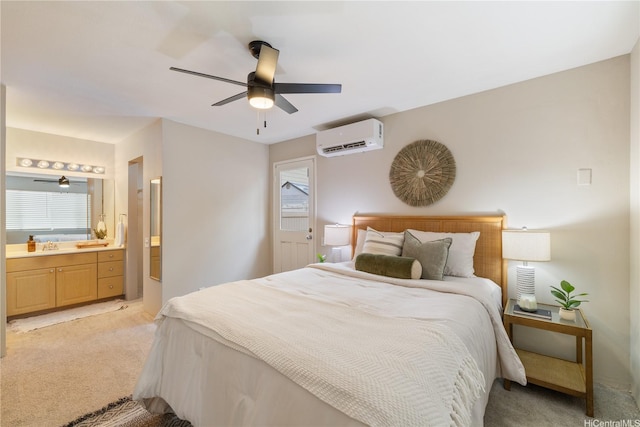 91-1860 Luahoana St Unit 114, Ewa Beach, HI 96706 - bedroom featuring a wall mounted air conditioner, light colored carpet, connected bathroom, and a ceiling fan