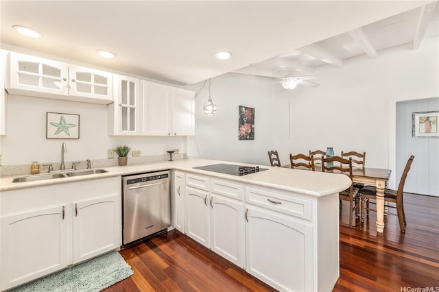 363 Ilimalia Loop, Kailua, HI 96734 - kitchen featuring stainless steel dishwasher, a sink, a peninsula, a ceiling fan, and dark wood-style floors