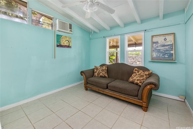 363 Ilimalia Loop, Kailua, HI 96734 - living area with light tile patterned flooring, ceiling fan, baseboards, and a wall mounted AC