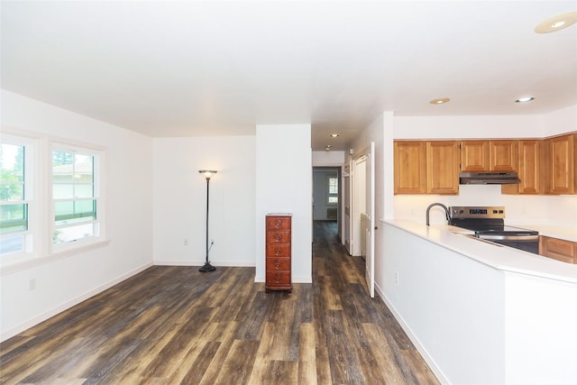 95-1491AINAMAKUADR Ainamakua Dr Unit 5, Mililani, HI 96789 - kitchen featuring light countertops, stainless steel range with electric cooktop, under cabinet range hood, recessed lighting, and dark wood finished floors