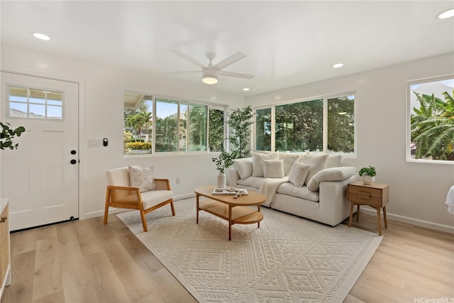 45-127 Waikapoki Rd Unit D, Kaneohe, HI 96744 - living room with a ceiling fan, light wood finished floors, recessed lighting, and baseboards