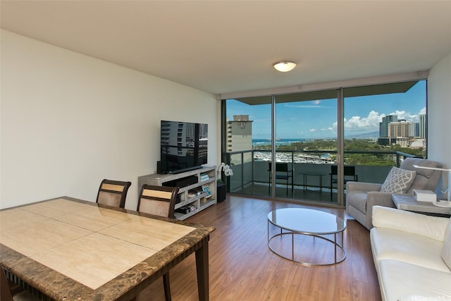 living room with wood finished floors and floor to ceiling windows