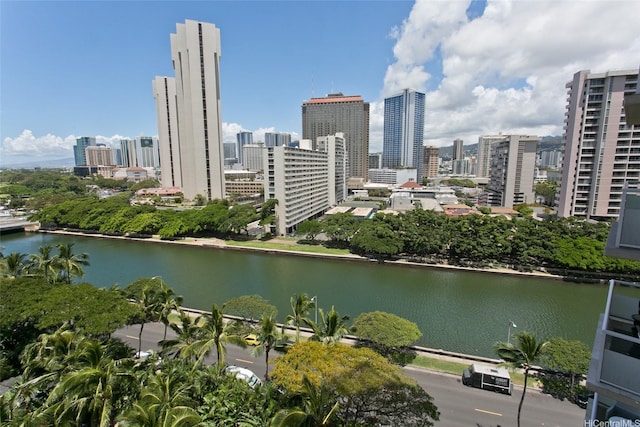 property's view of city featuring a water view