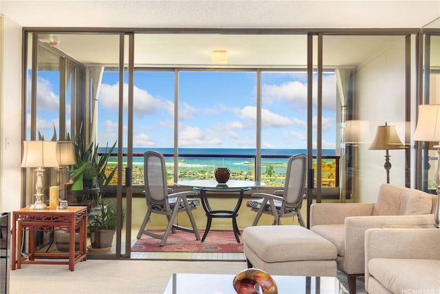 living room with carpet flooring, a water view, and a wall of windows