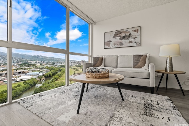 2211 Ala Wai Blvd Unit 2015, Honolulu, HI 96815 - living room with a wall of windows, a textured ceiling, a mountain view, and wood finished floors