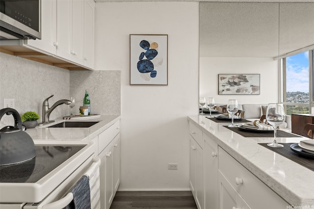 2211 Ala Wai Blvd Unit 2015, Honolulu, HI 96815 - kitchen featuring white cabinets, a sink, stainless steel microwave, tasteful backsplash, and dark wood-style floors