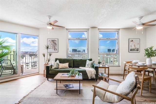 1031 Maunaihi Pl Unit 802, Honolulu, HI 96822 - living area with ceiling fan, wood finished floors, a textured ceiling, healthy amount of natural light, and baseboards