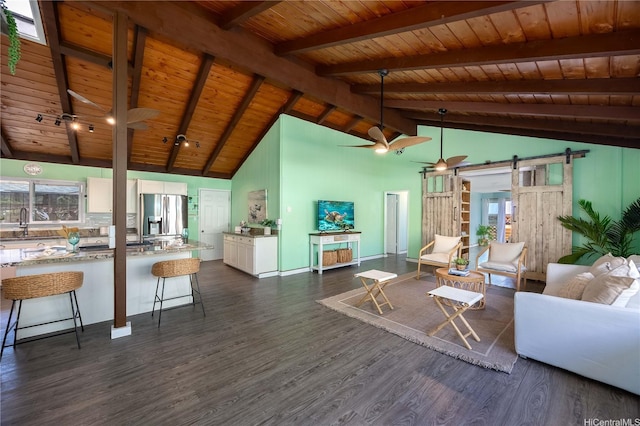 living area with wooden ceiling, a ceiling fan, dark wood-style floors, and a barn door