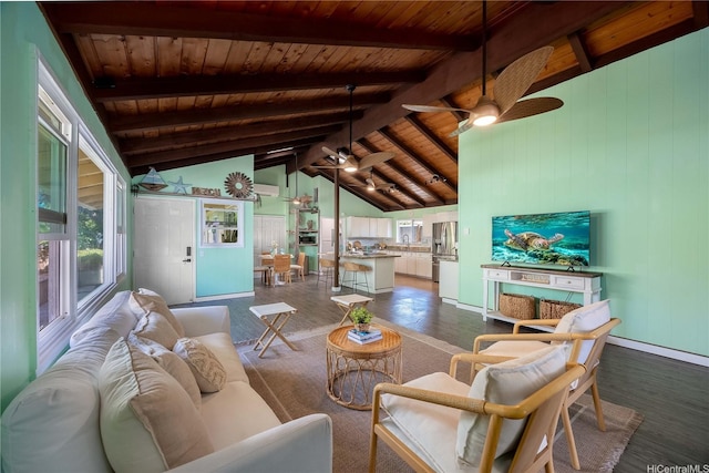 living room featuring wood ceiling, ceiling fan, lofted ceiling with beams, and dark wood finished floors