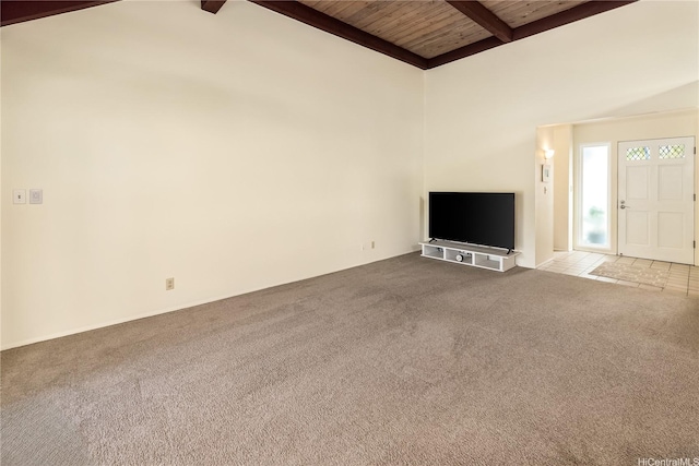 44-1303 Kou Pl Unit 1103, Kaneohe, HI 96744 - unfurnished living room featuring carpet flooring, beamed ceiling, wooden ceiling, and high vaulted ceiling