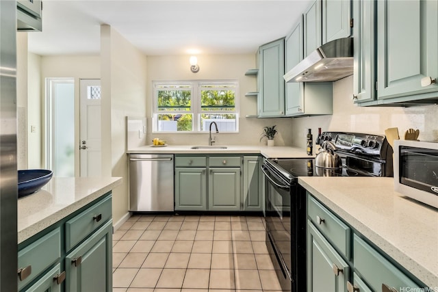 44-1303 Kou Pl Unit 1103, Kaneohe, HI 96744 - kitchen featuring under cabinet range hood, black electric range, a sink, dishwasher, and green cabinets