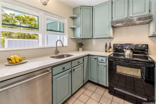 44-1303 Kou Pl Unit 1103, Kaneohe, HI 96744 - kitchen featuring electric range, light countertops, under cabinet range hood, a sink, and dishwasher