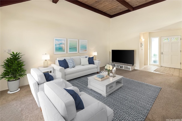 44-1303 Kou Pl Unit 1103, Kaneohe, HI 96744 - living room with carpet flooring, beam ceiling, wooden ceiling, and high vaulted ceiling