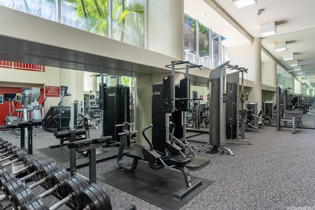 gym featuring a towering ceiling and carpet floors