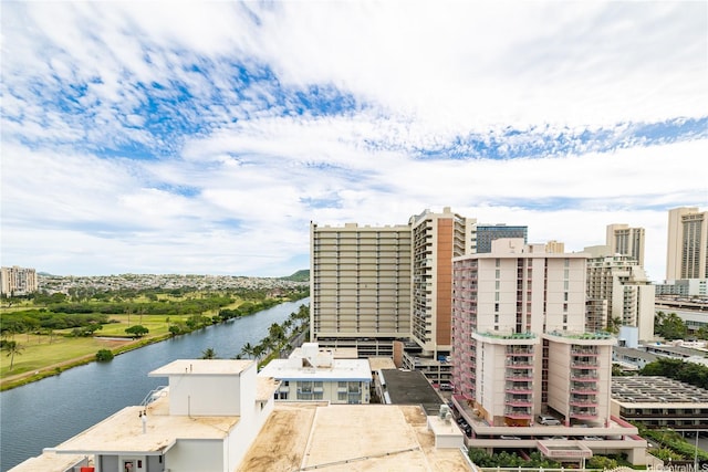 aerial view with a city view and a water view