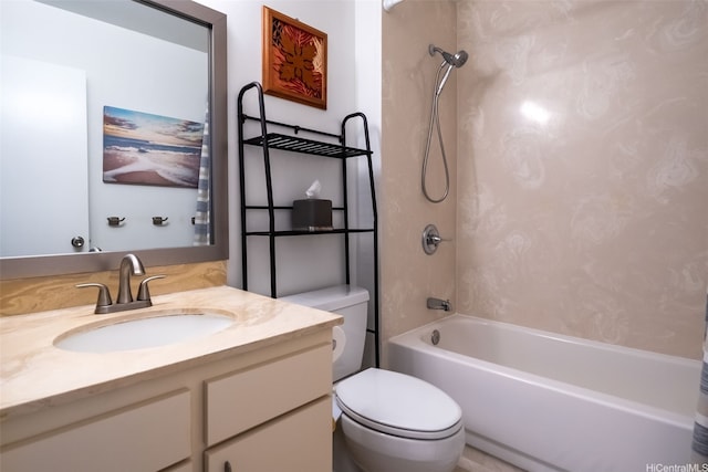 bathroom with toilet, shower / bath combination with curtain, and vanity