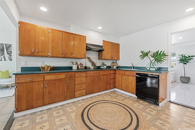 15 Aimikana St, Kailua, HI 96734 - kitchen featuring black appliances, under cabinet range hood, dark countertops, a sink, and brown cabinetry