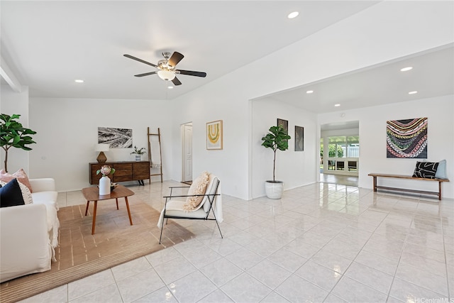 15 Aimikana St, Kailua, HI 96734 - living room with recessed lighting, a ceiling fan, and light tile patterned floors