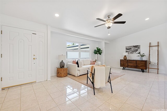 15 Aimikana St, Kailua, HI 96734 - living area with a ceiling fan, light tile patterned floors, and recessed lighting