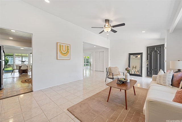 15 Aimikana St, Kailua, HI 96734 - living room with a ceiling fan, light tile patterned floors, and recessed lighting