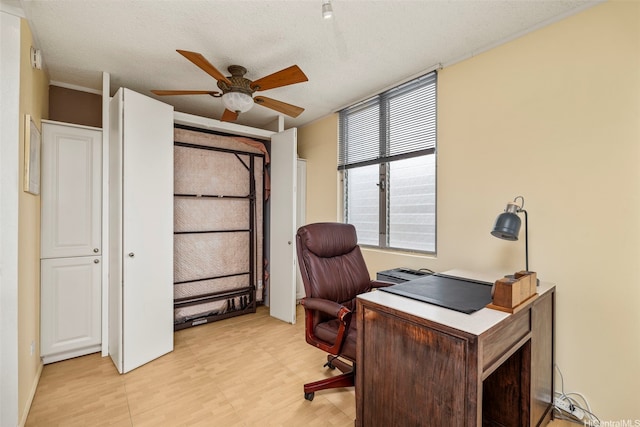 office area featuring a textured ceiling, ceiling fan, and light wood-style flooring