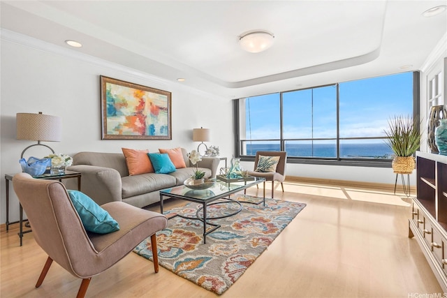 1600 Ala Moana Blvd Unit 2406, Honolulu, HI 96815 - living room featuring a raised ceiling, wood finished floors, recessed lighting, and a water view
