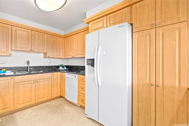 1600 Ala Moana Blvd Unit 2406, Honolulu, HI 96815 - kitchen featuring white appliances, light brown cabinetry, a sink, and dark stone countertops