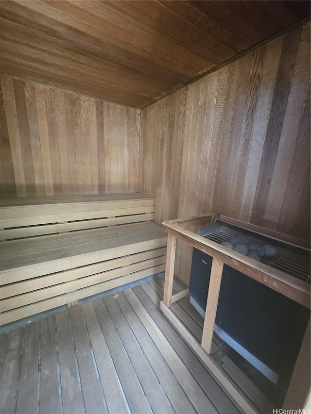 1535 Pensacola St Unit 36, Honolulu, HI 96822 - sauna / steam room featuring wooden ceiling, wooden walls, and wood-type flooring