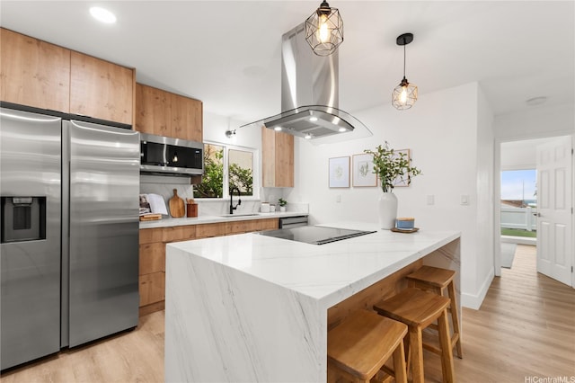 kitchen featuring light wood-style flooring, stainless steel appliances, a peninsula, and island exhaust hood
