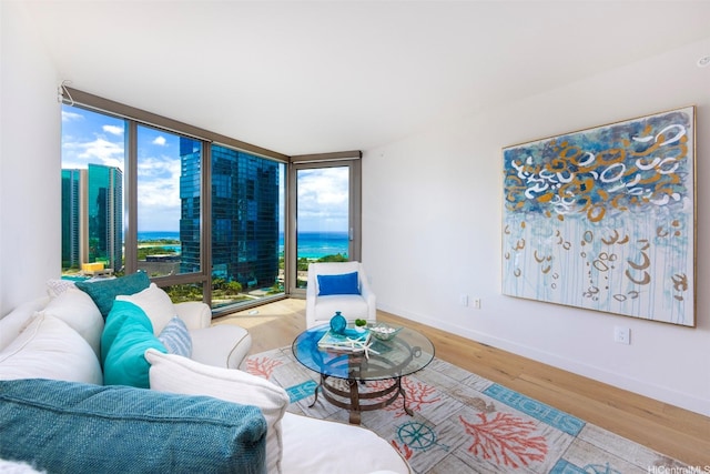 1001 Queen St Unit 1804, Honolulu, HI 96814 - living area with wood finished floors, expansive windows, baseboards, and a water view