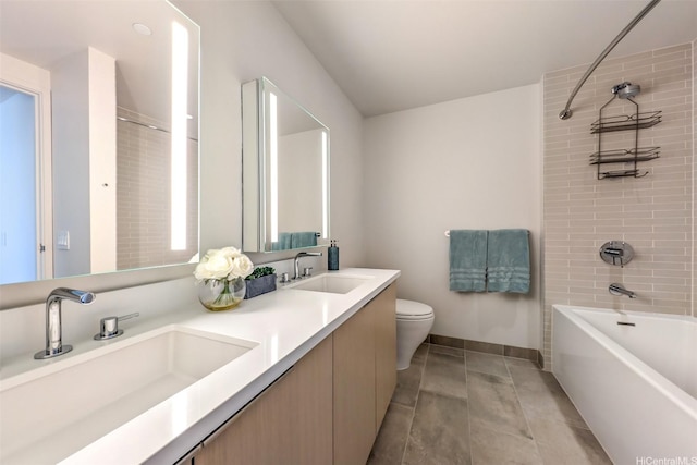 1001 Queen St Unit 1804, Honolulu, HI 96814 - bathroom featuring toilet, baseboards,  shower combination, double vanity, and tile patterned flooring