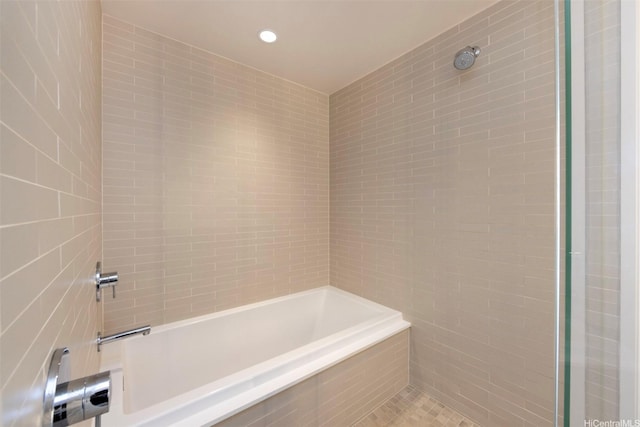 1001 Queen St Unit 1804, Honolulu, HI 96814 - bathroom featuring tile walls, a tile shower, a bath, and recessed lighting
