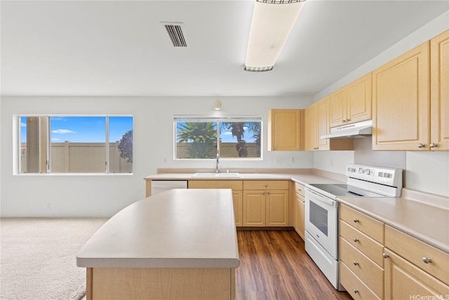 91-1459 Pukanala St, Ewa Beach, HI 96706 - kitchen with visible vents, light brown cabinetry, a sink, under cabinet range hood, and white appliances
