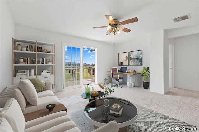 91-1459 Pukanala St, Ewa Beach, HI 96706 - carpeted living area with a ceiling fan and visible vents