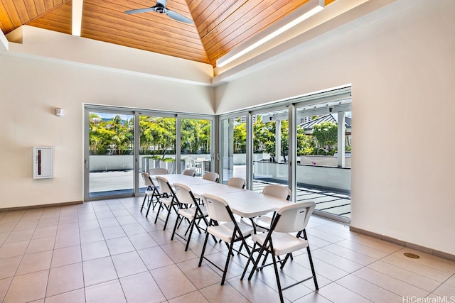 1631 Kapiolani Blvd Unit 3706, Honolulu, HI 96814 - dining area with wooden ceiling, high vaulted ceiling, ceiling fan, and light tile patterned flooring