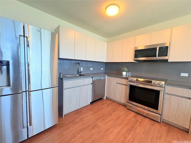 1631 Kapiolani Blvd Unit 3706, Honolulu, HI 96814 - kitchen featuring stainless steel appliances, light wood-style flooring, decorative backsplash, modern cabinets, and dark countertops