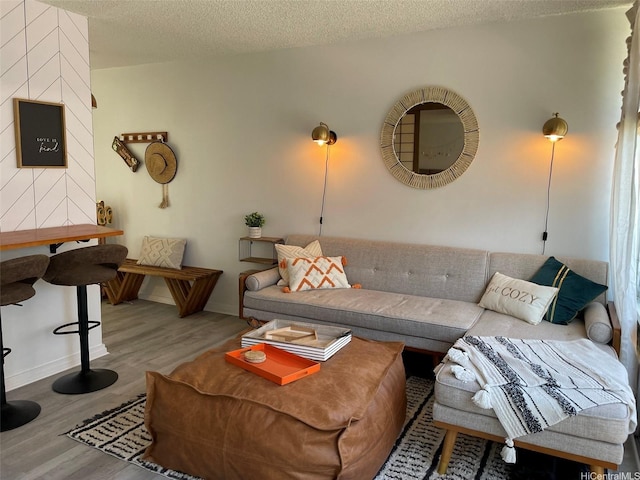 living room with wood finished floors, baseboards, and a textured ceiling