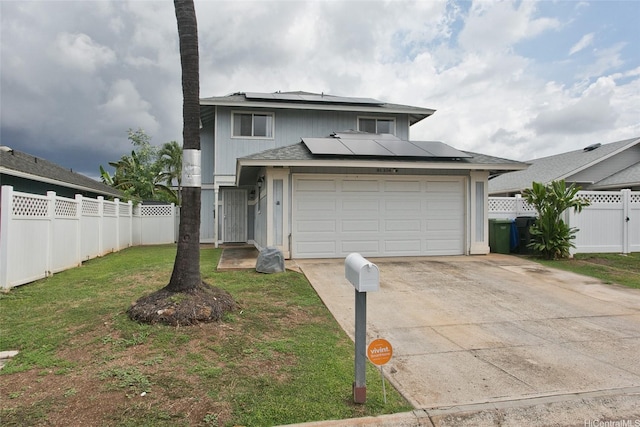 91-104 Auhola Pl, Ewa Beach, HI 96706 - traditional-style home with fence, a front yard, an attached garage, driveway, and solar panels