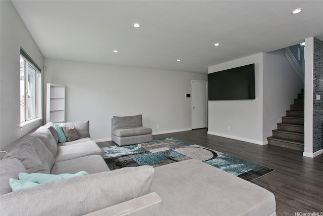 91-104 Auhola Pl, Ewa Beach, HI 96706 - living room with recessed lighting, baseboards, stairs, and dark wood finished floors