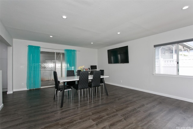 dining room featuring recessed lighting, baseboards, and dark wood-style floors