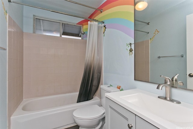 full bathroom with toilet, shower / bath combination with curtain, and vanity